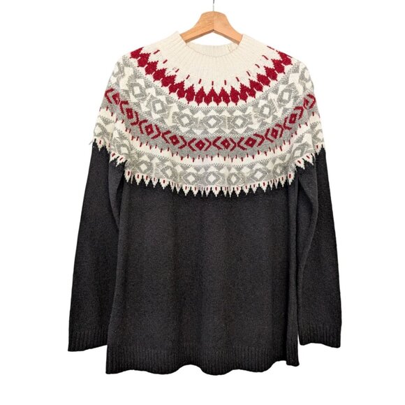 J Jill Fair Isle Nordic Sweater Womens M Red Gray White Knit Cotton Blend - Picture 1 of 9